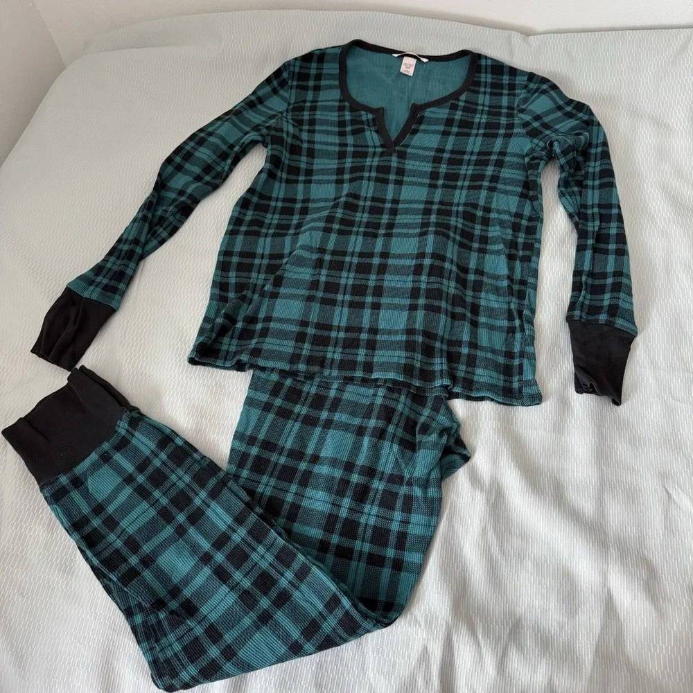 Women's VICTORIA'S SECRET Plaid Green / Black PJ's Pajamas Set Pants Top M